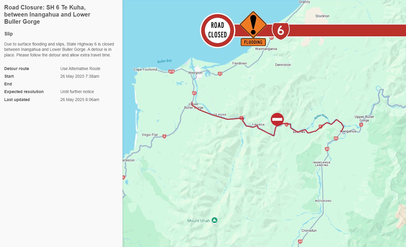 Major slips and flooding force SH6 closure between Inangahua and Lower Buller Gorge