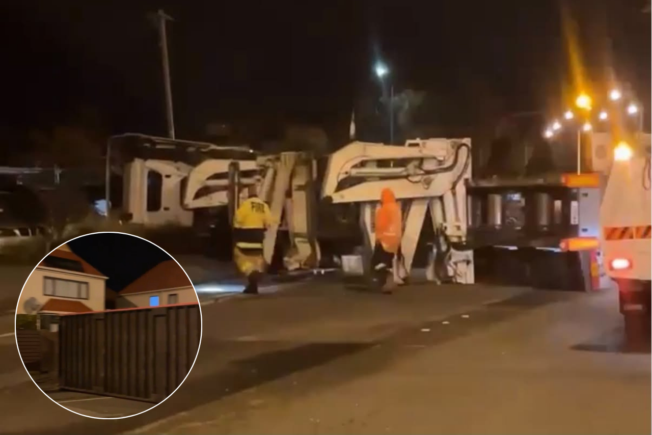 Delays on Brougham Street after container truck rolls