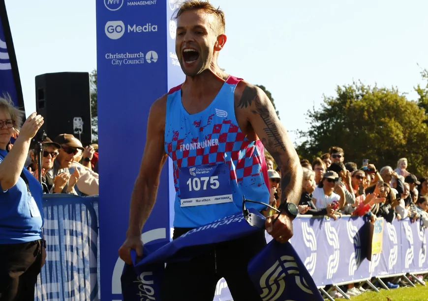Local Christchurch runner Oska Baynes, 33, made history today by becoming the first athlete ever to claim victory twice in both the Christchurch Marathon and Half Marathon events,